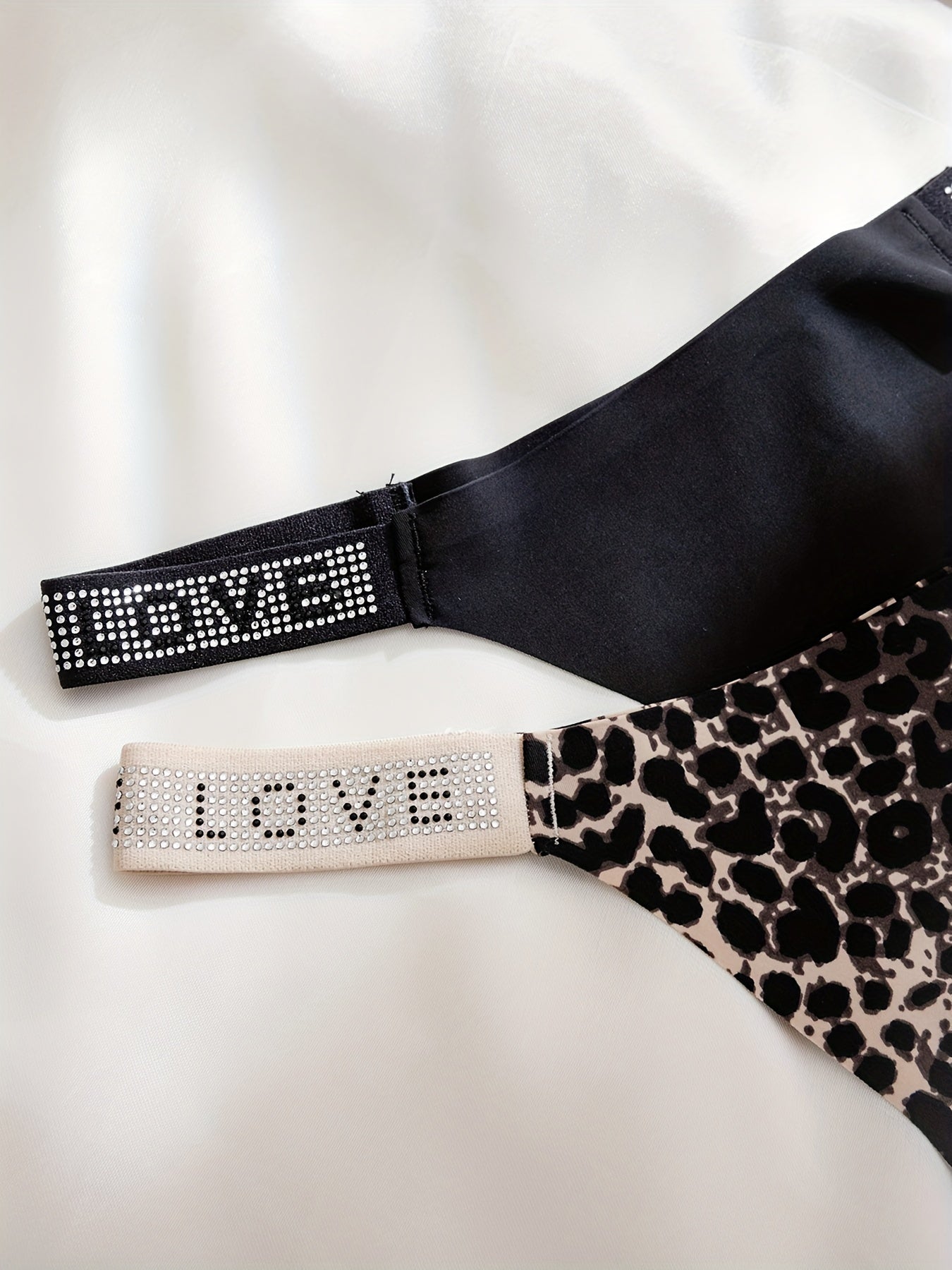 5pcs Rhinestone Leopard Print Low Waist Thongs Women’s Stretchy Lingerie