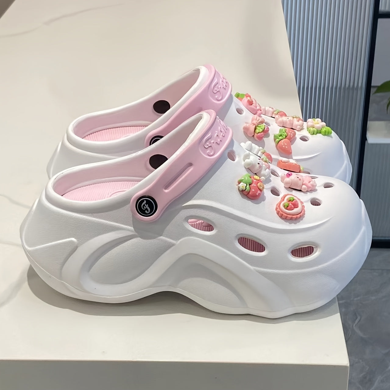 Women's EVA Hole Shoes with Pink Bunny Heel Sunflower Accessories