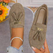 Women’s Slip-On Loafers Beige Floral Fringe Cushioned PU Insole