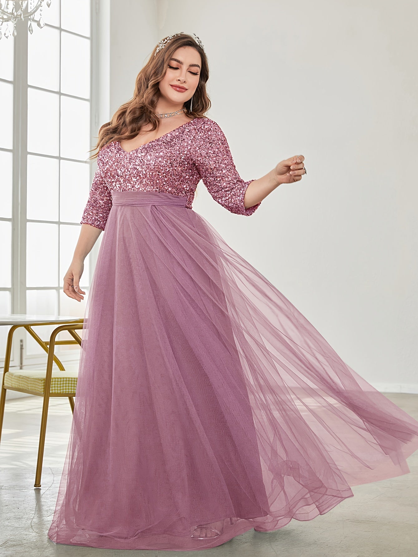 Plus Size Sequin Stitching Wedding Bridesmaid Long Dress Tulle Skirt