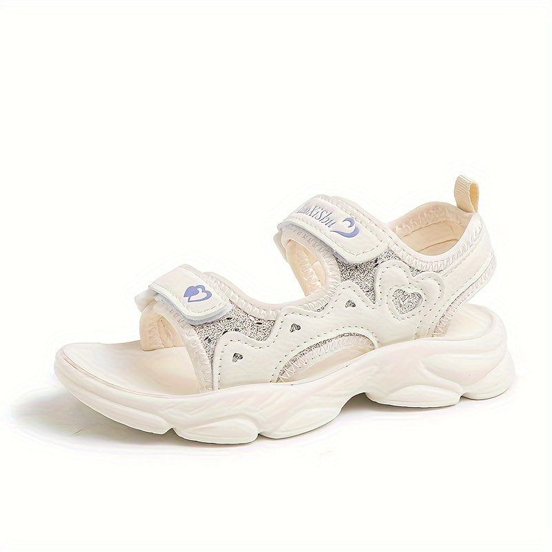 Girls Pink Glitter Sandals with Hearts and Sequin, Adjustable Straps, Soft Sole