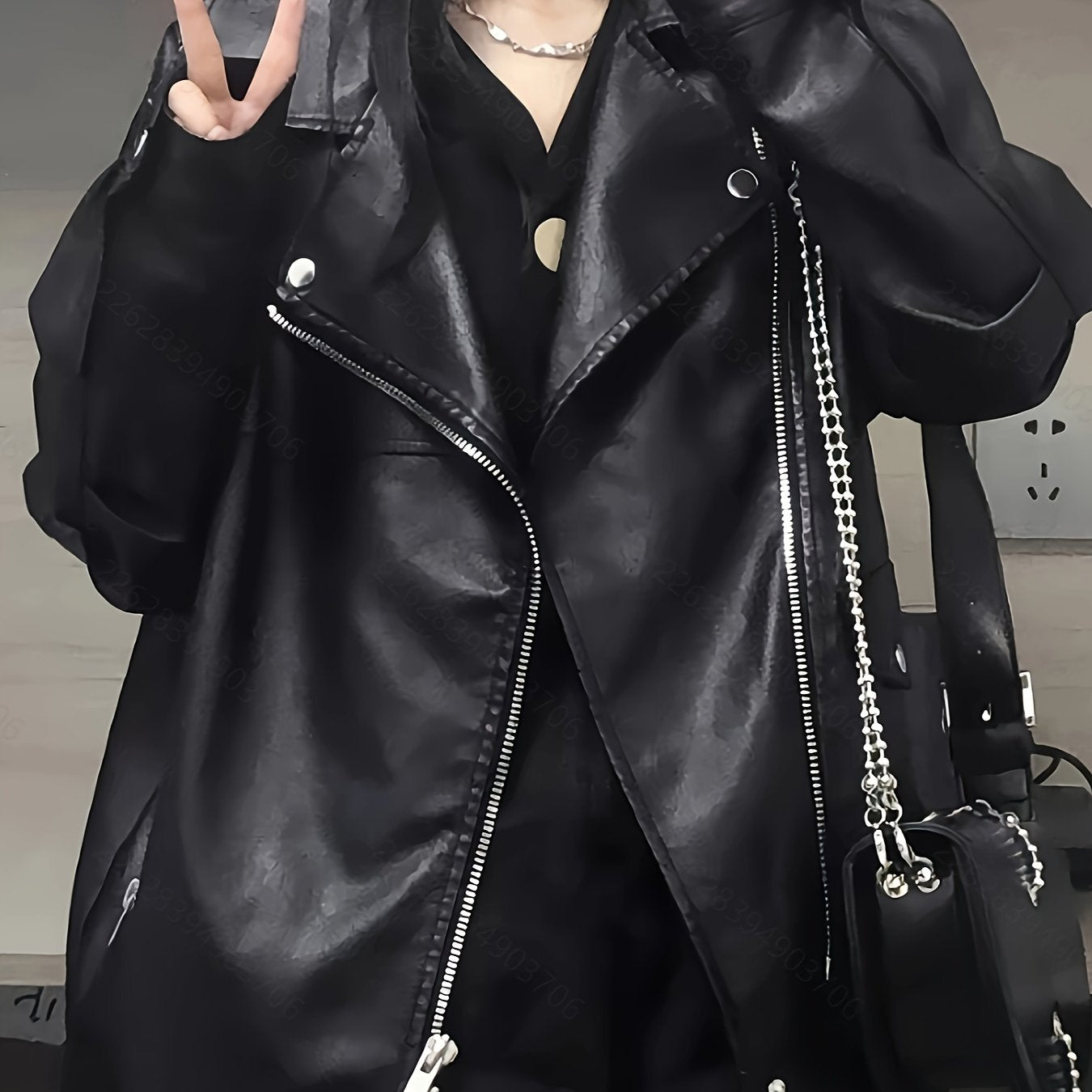 Women's Fleece-Lined Motorcycle Jacket Black Casual Loose Fit Waterproof Polyester