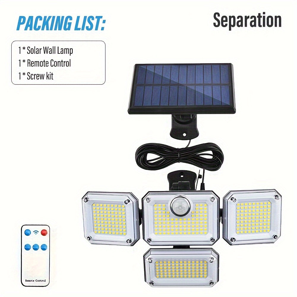 Solar-Powered Outdoor Light with 333 LEDs Motion Sensor Remote Control 4-Head Patio Yard Garage Porch