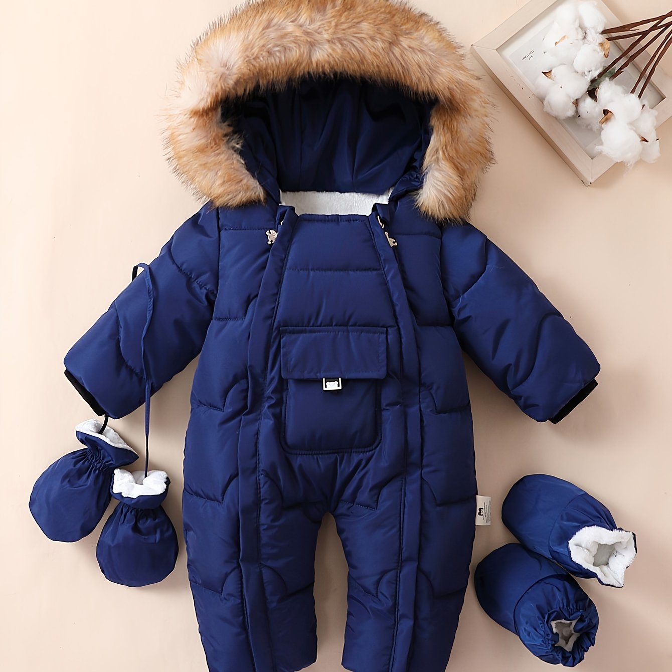 Baby Boys Winter Jumpsuit with Hood Faux Fur Trim Fleece Lining Mittens and Booties