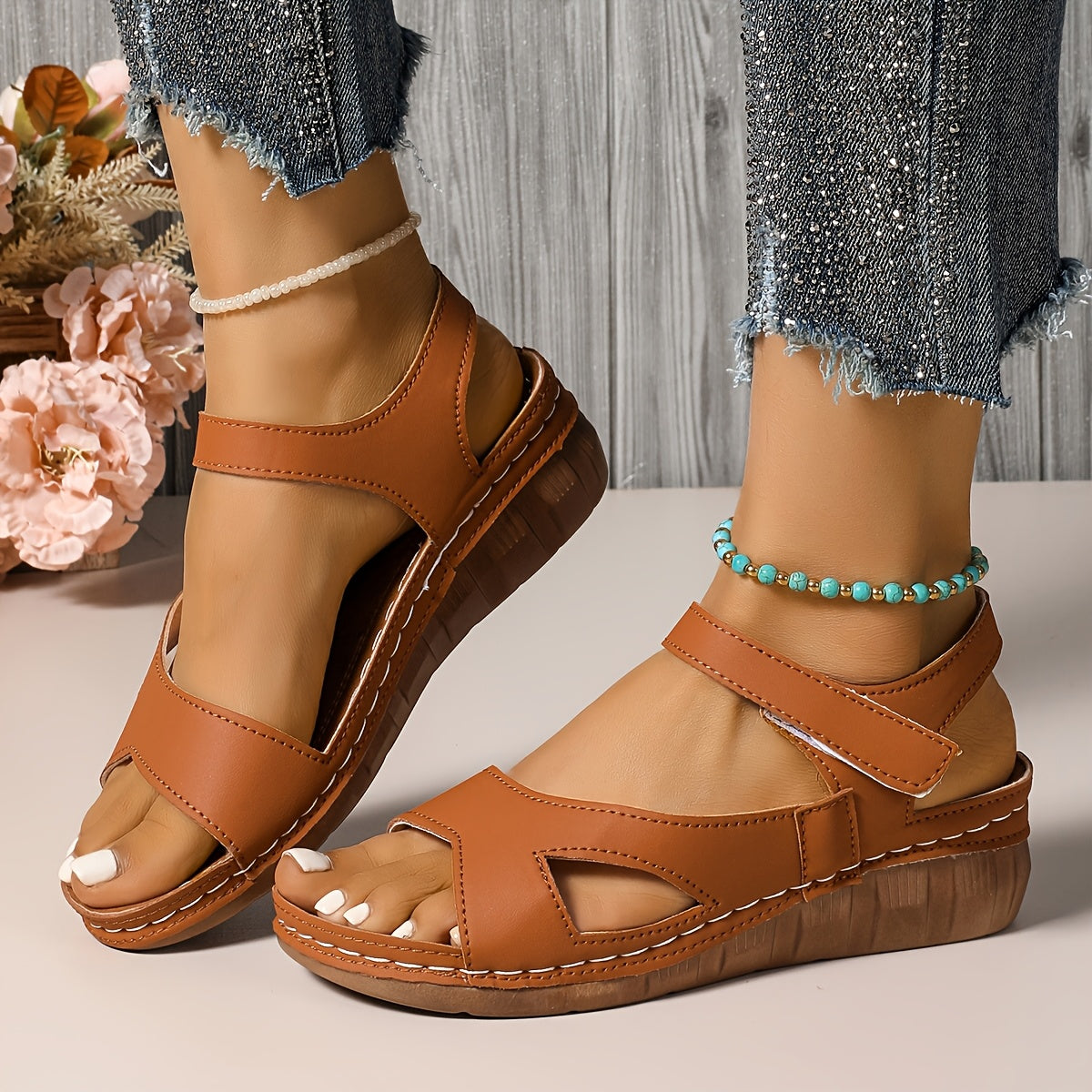 Women Wedge Sandals Open Toe Low Heel Man Made Materials