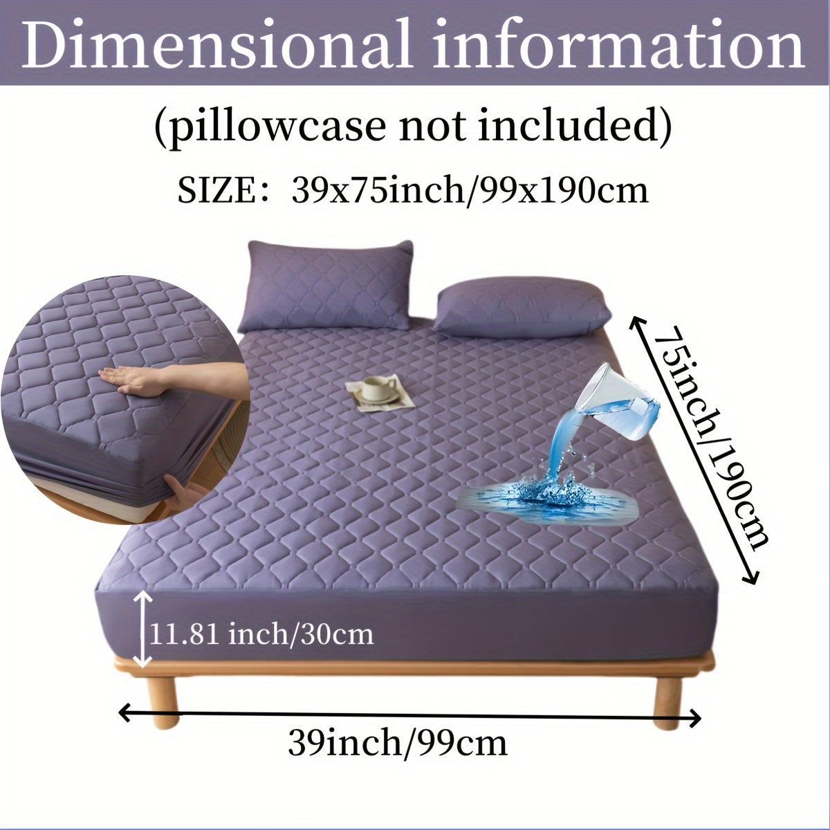 Suv o'tkazmaydigan, shovqinsiz, emboss qilingan yostiq qoplami, to'shakka mos keladigan, 29.97 sm chuqurlikdagi, yuviladigan, chang o'tkazmaydigan