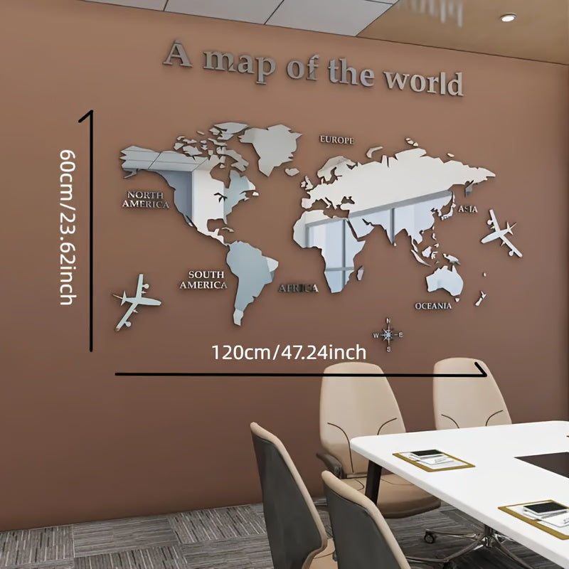 Bohemian Acrylic Wall Decor Map of the World with Airplane and Compass Rose 1mm Thick Adhesive Backing for Classroom Office Bedroom Living Room