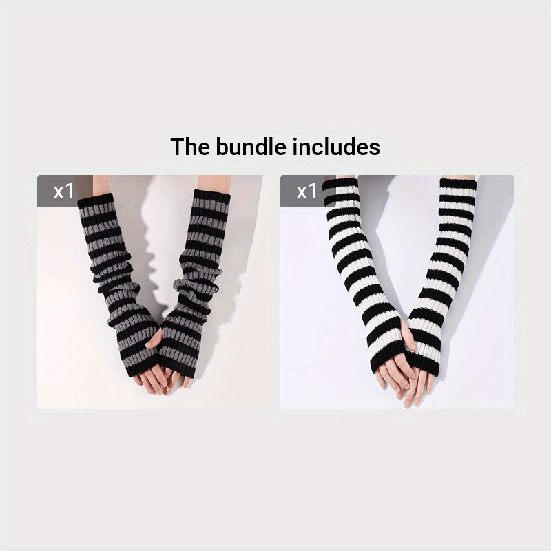 Women's Long Striped Knit Gloves with Thumb Hole and Arm Cover for Autumn Winter