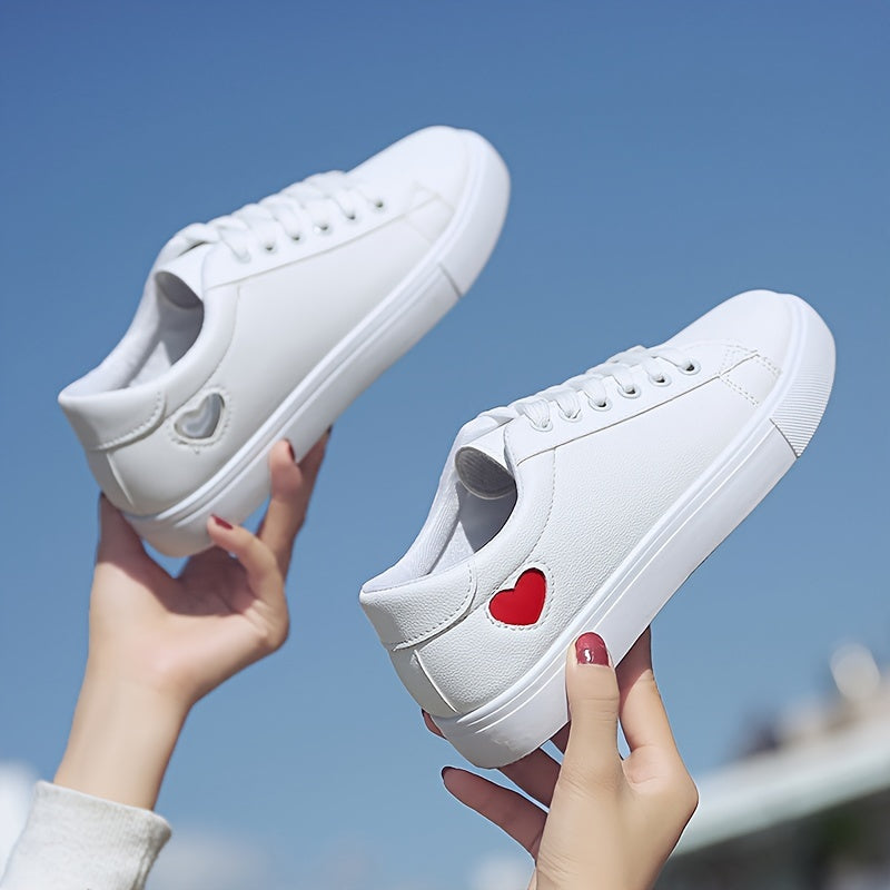 Women's Casual Sneakers with Heart-Shaped Design Lace-Up Flat White Soles