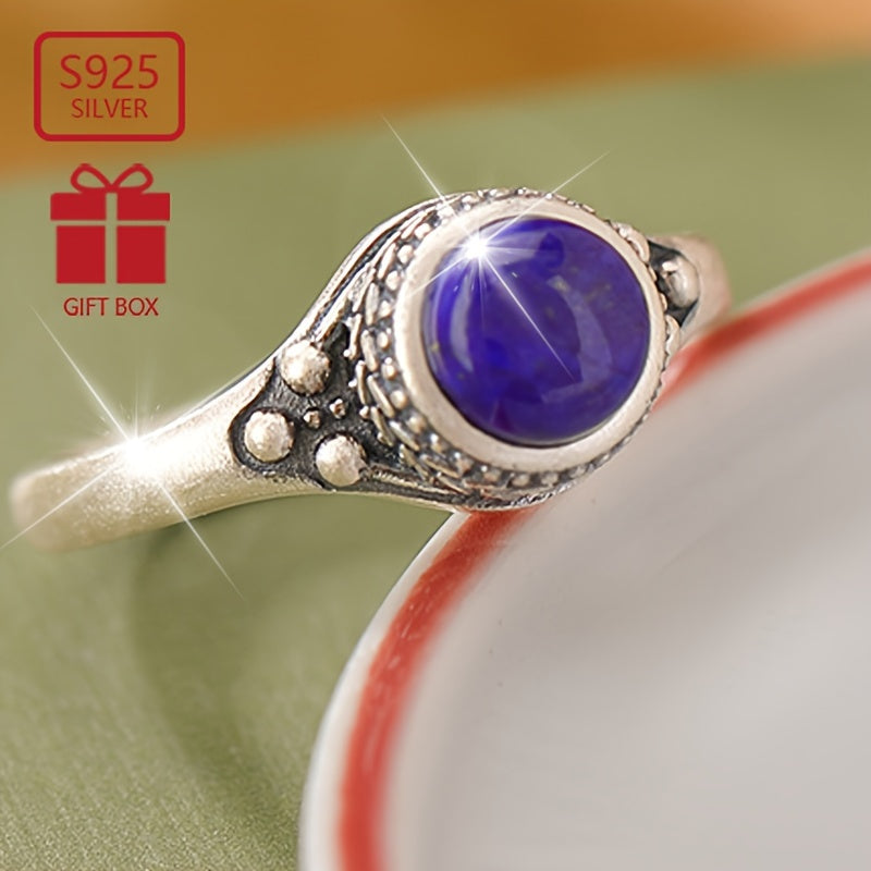 Sterling Silver Blue Chalcedony Gold Stone Round Ring for Women Everyday Wear