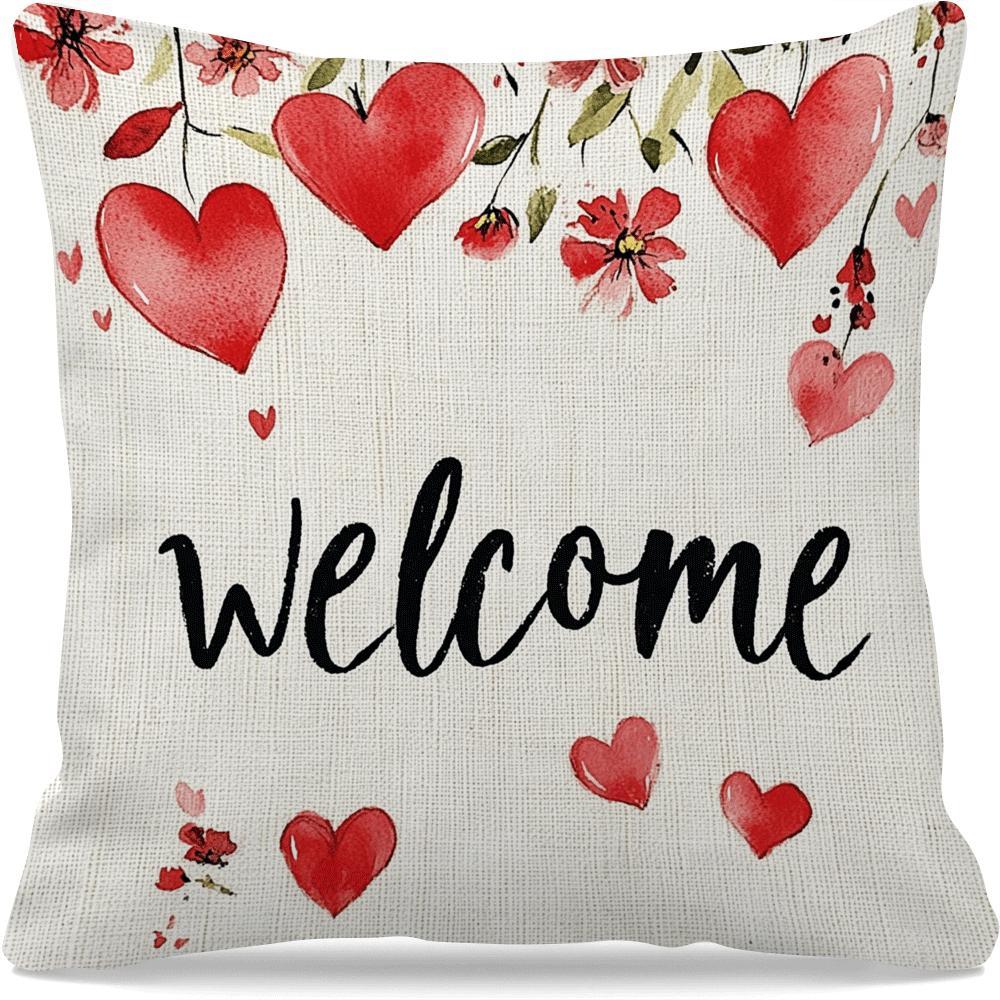 Red Heart and Floral Throw Pillow Cover 45cm Polyester Zippered Washable Decorative