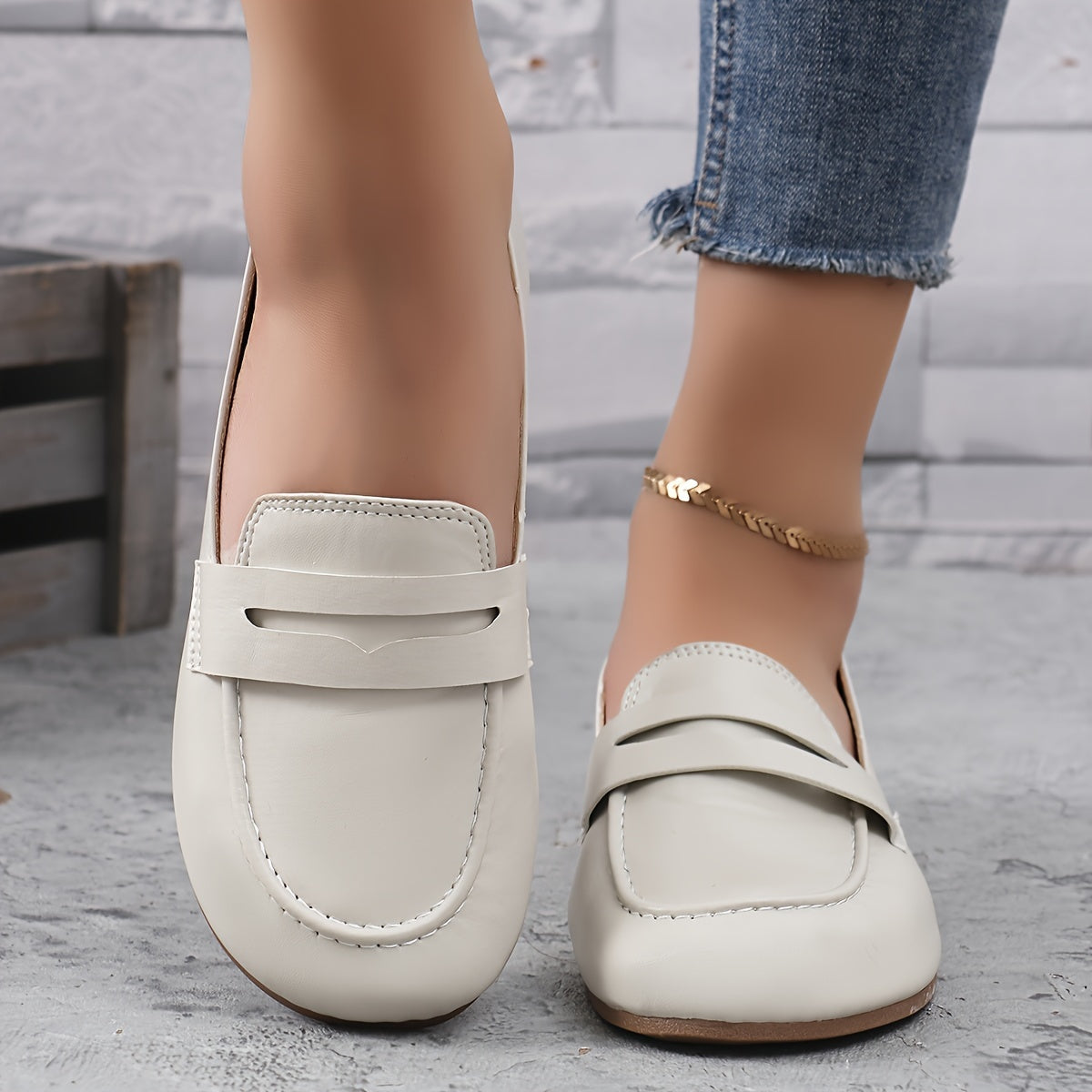 Women's White Faux Leather Slip-On Loafers All-Season Round Toe Flats