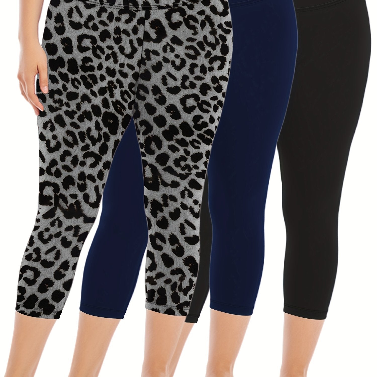 Plus Size High-Waist Capri Leggings Stretch Polyester Elastane Solid Color 3 Pack