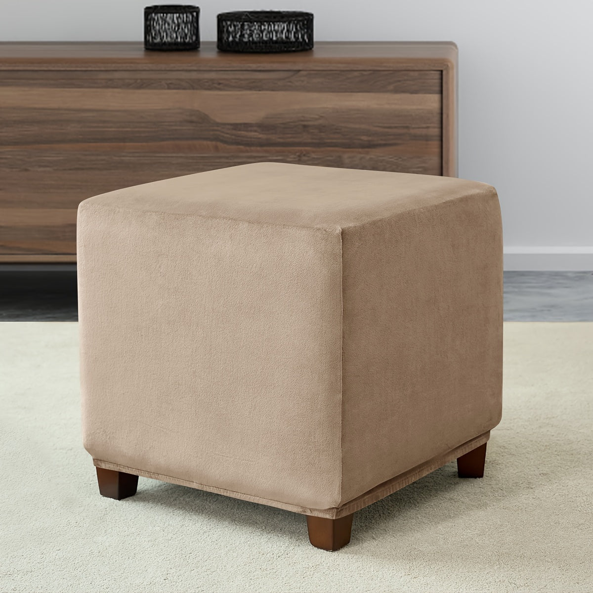 Funda de terciopelo plateada para reposapiés para taburete pequeño cuadrado