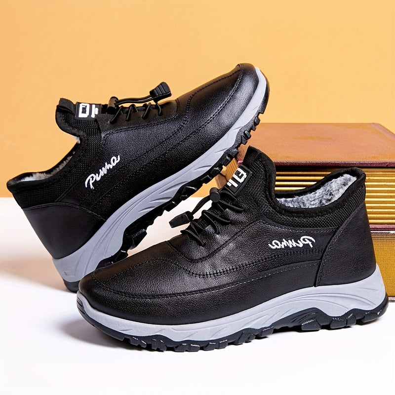 Men's Black Gray Fleece-Lined Slip-Resistant Winter Boots Rubber Sole Casual