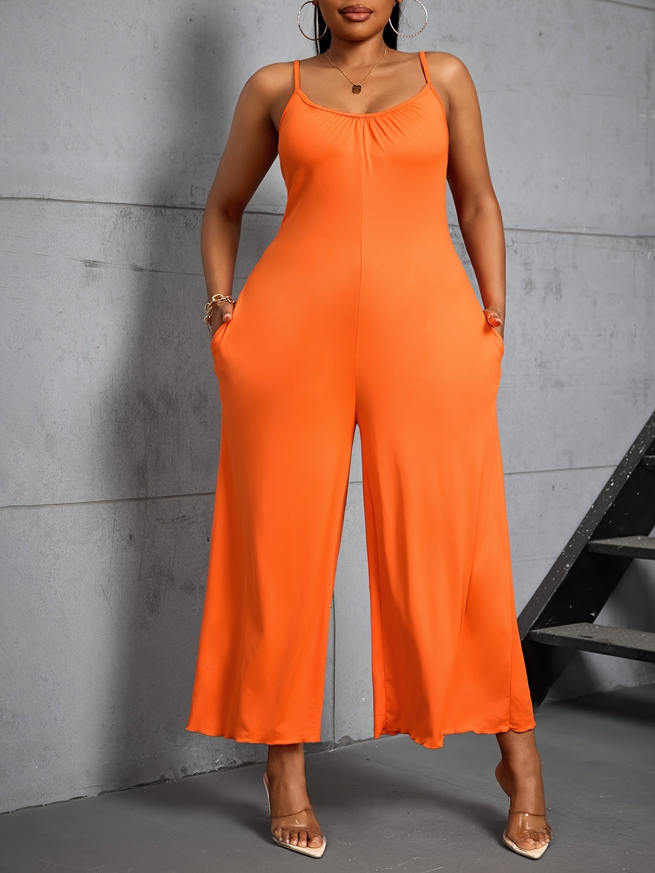Plus Size Knit Pants V-Neck Slingback Solid Color Spring Summer