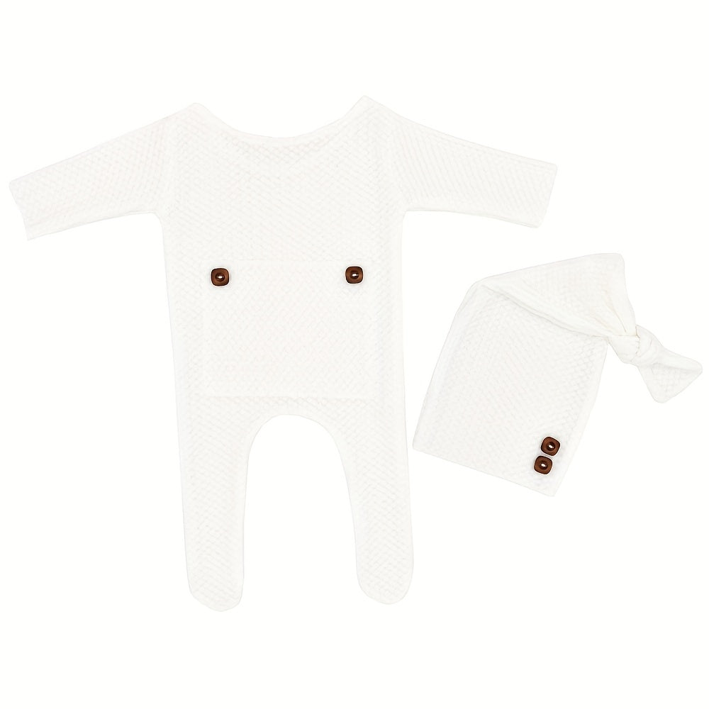 Newborn Baby Boy Clothes Set Long Sleeve Knitted Romper Beanie Photography Props