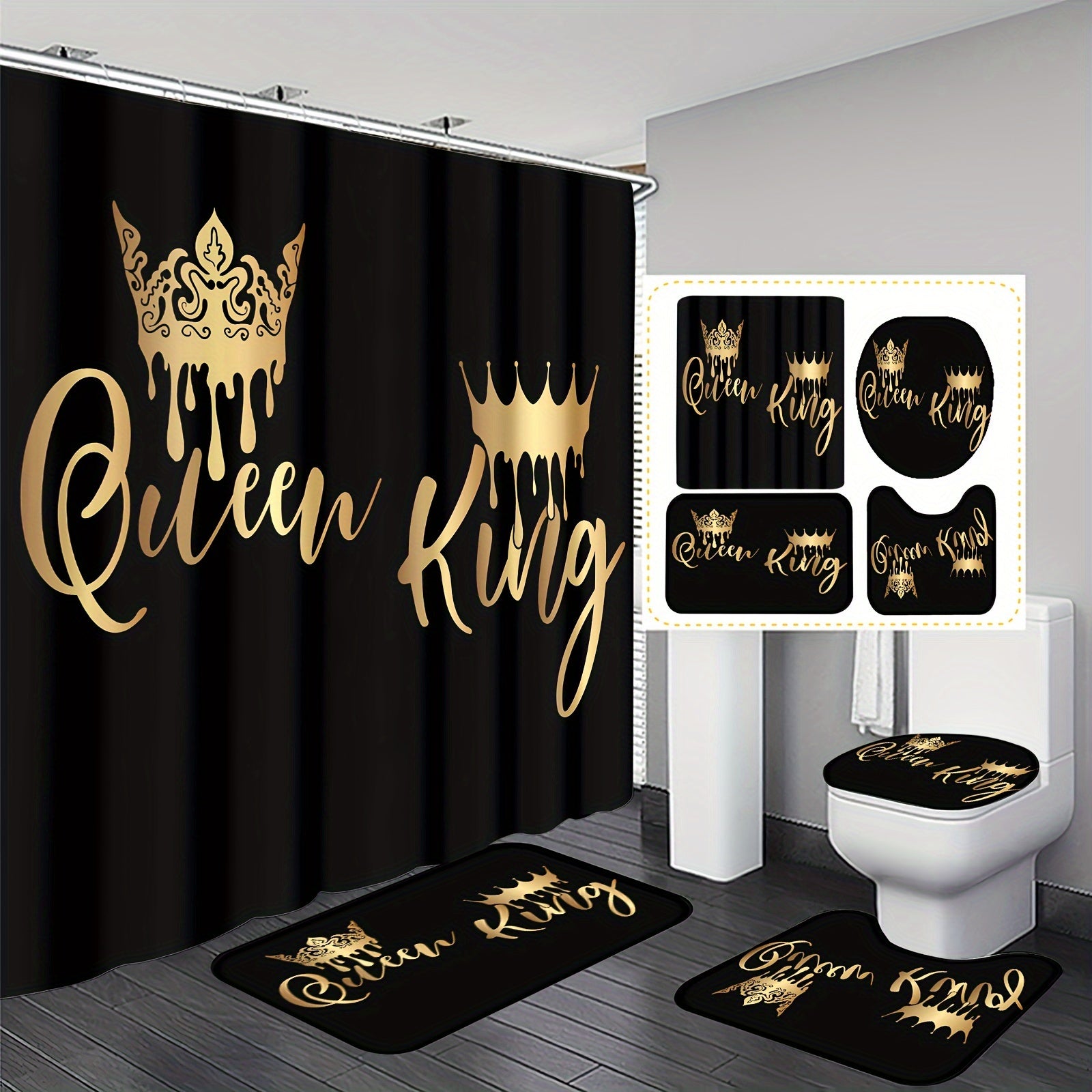 King and Queen Polyester Waterproof Shower Curtain Set with 12 Hooks Non-slip Mat and Floor Mat