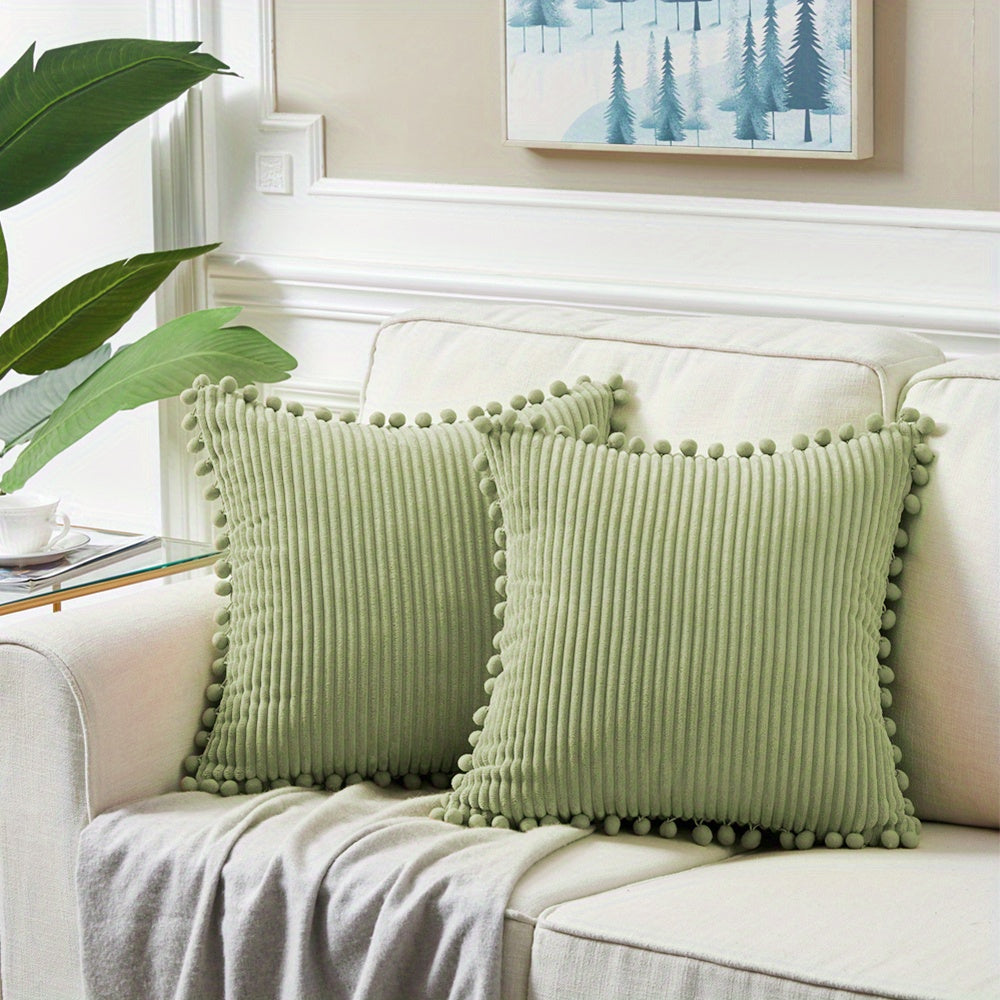 Набор из 2-х бохо наволочек для подушек с помпонами и акцентом из вельвета. Сплошные квадратные подушки для различных пространств. (18x18 дюймов/45x45 см). ВКЛЮЧЕНИЯ НЕ ВХОДЯТ.