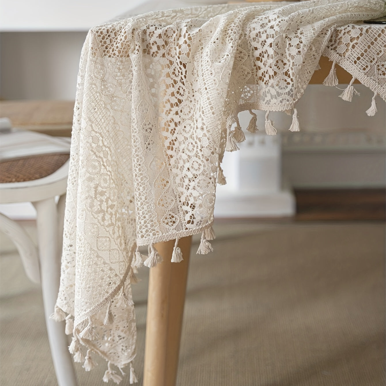 Bohemian Crochet Lace Rectangular Tablecloth for Dining and Parties Polyester Farmhouse Style