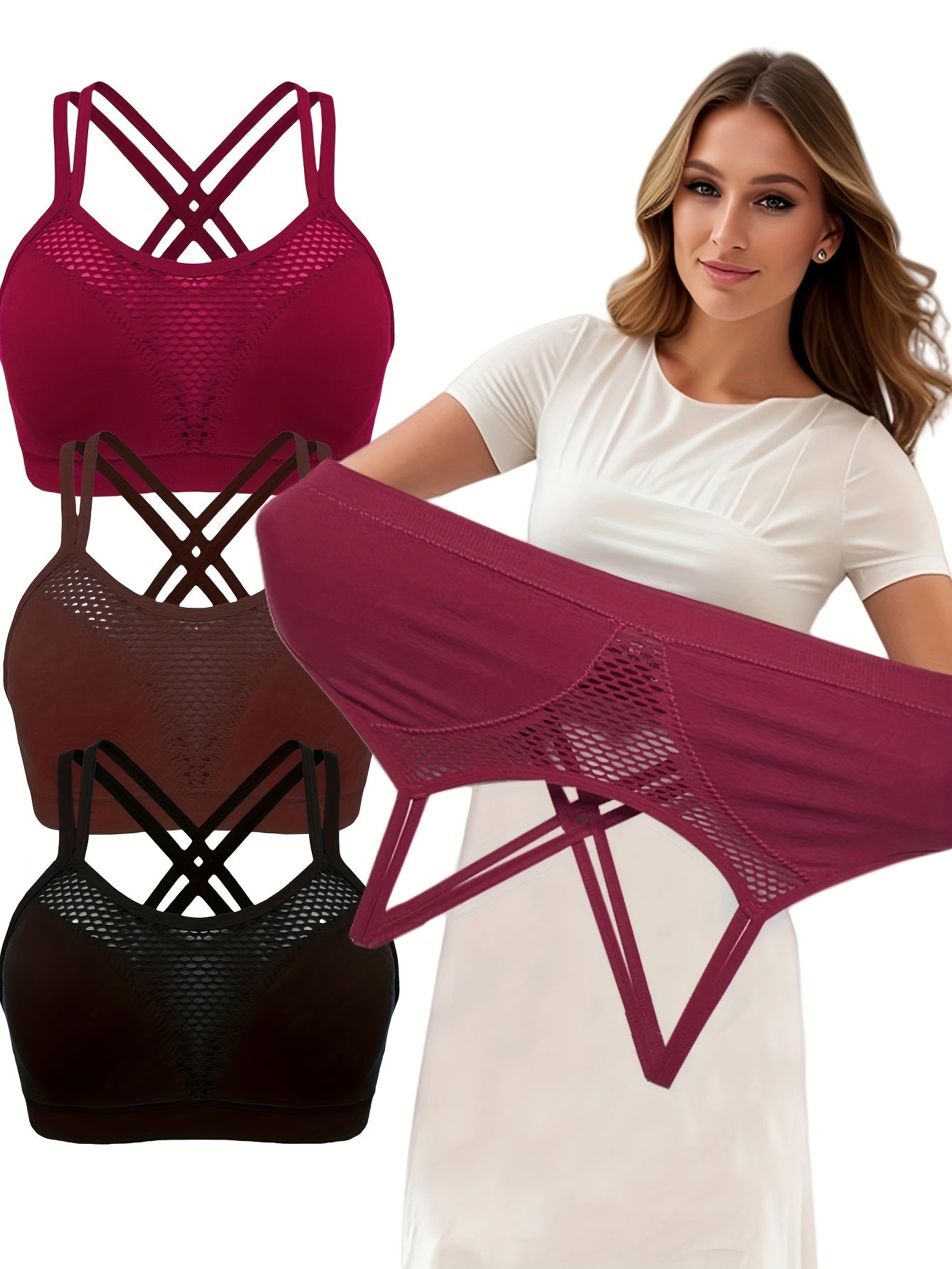 Women's Plus Size Running Bras 3 Pack Breathable Mesh Cross-Back Support