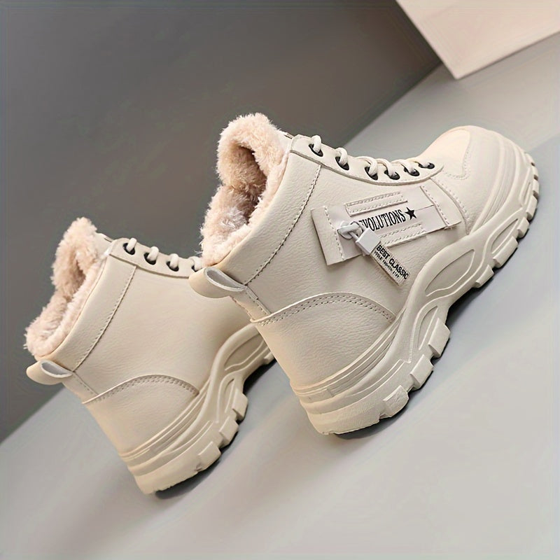 Botas altas de invierno para mujer con forro de piel sintética, impermeables y con cordones blancas