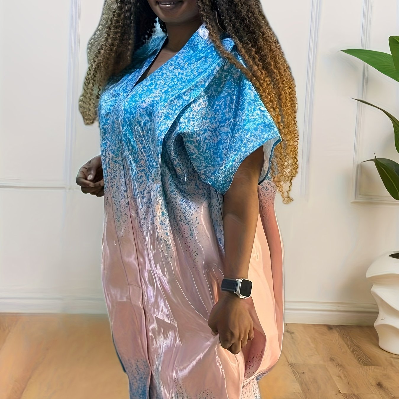 Plus o'lcham ayollar uchun gradient bosma kaftan kiyi qisqa qo'l, erkin fit, rang-barang yashil va sariq