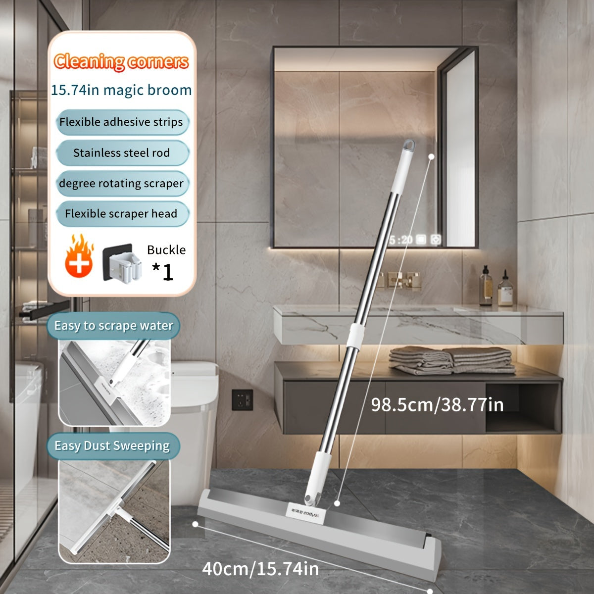 Mustahkam PP materialidan tayyorlangan tozalash vositasi: Hammabop sehrli supurgi, moslashuvchan silikon qizg'ich (49.99 sm) va zanglamaydigan po'latdan tayyorlangan tayoq bilan hammom, hojatxona, shisha va polni oson tozalash va suv artish uchun.