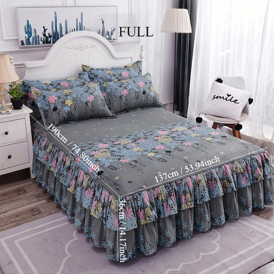 Flower Printed Bedding Set with Bed Skirt and Pillowcases All Seasons Universal