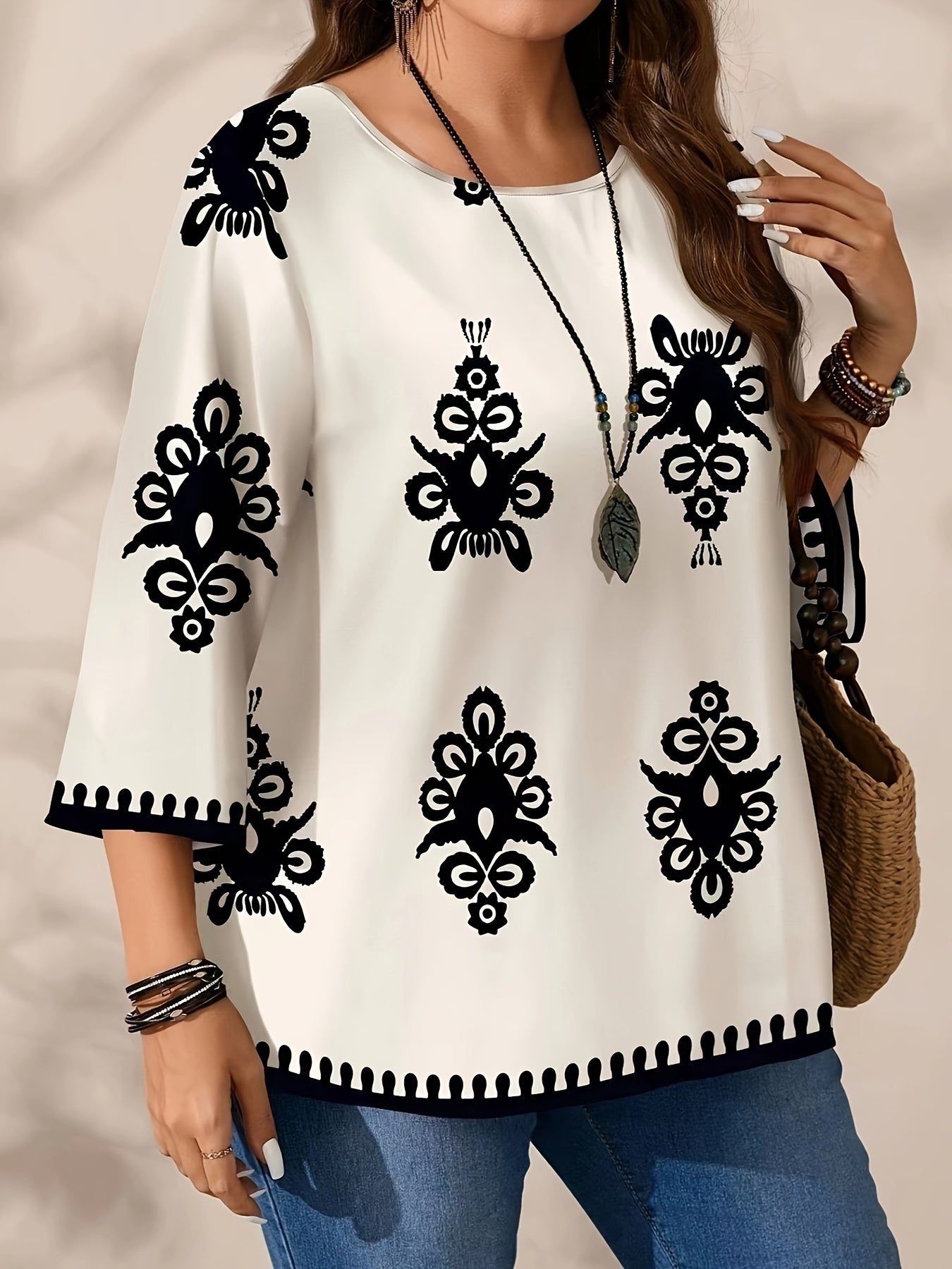 Women's Long Sleeve Round Neck Blouse Black Floral Print All-Season Comfortable