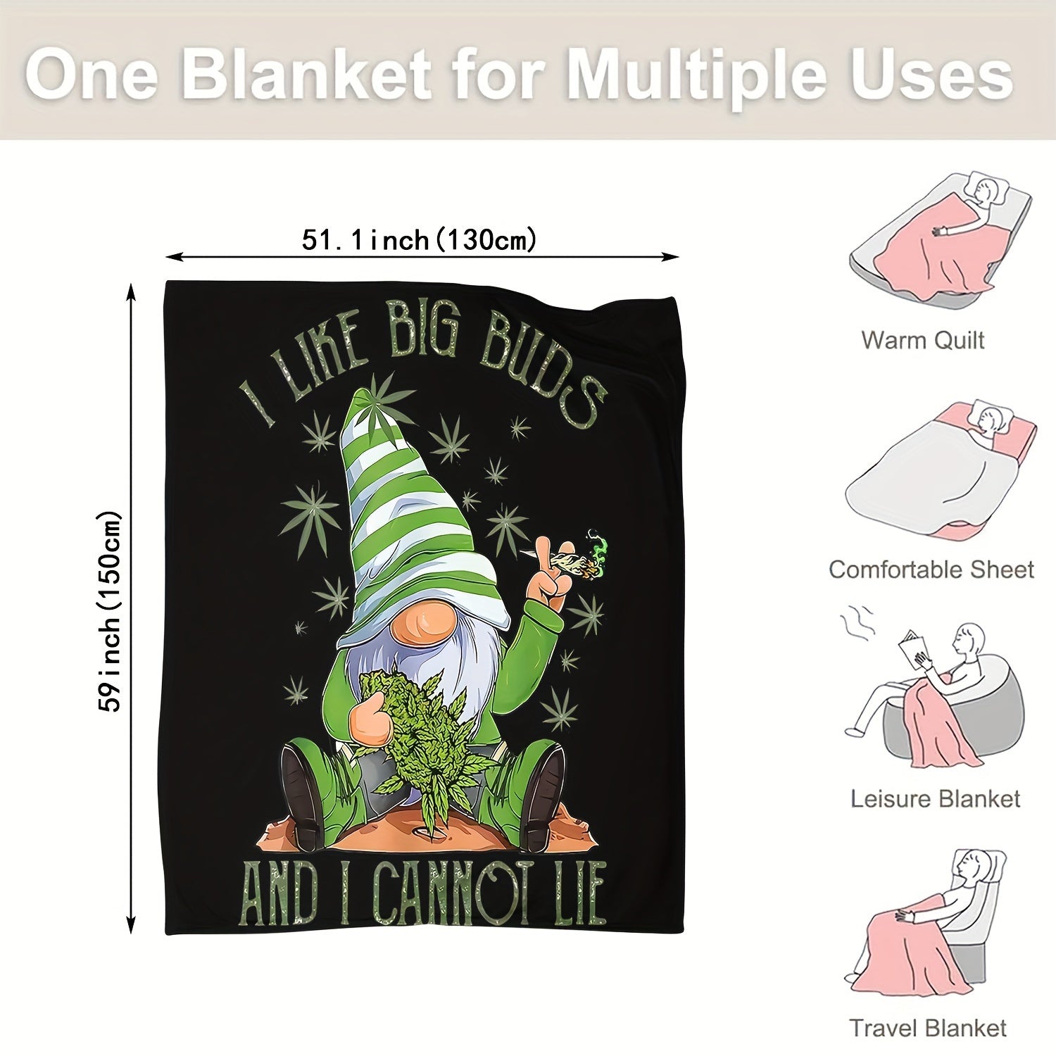 Flannel Throw Blanket Gnome Leaf Design Soft Polyester Knit for Bed Sofa Home Decor