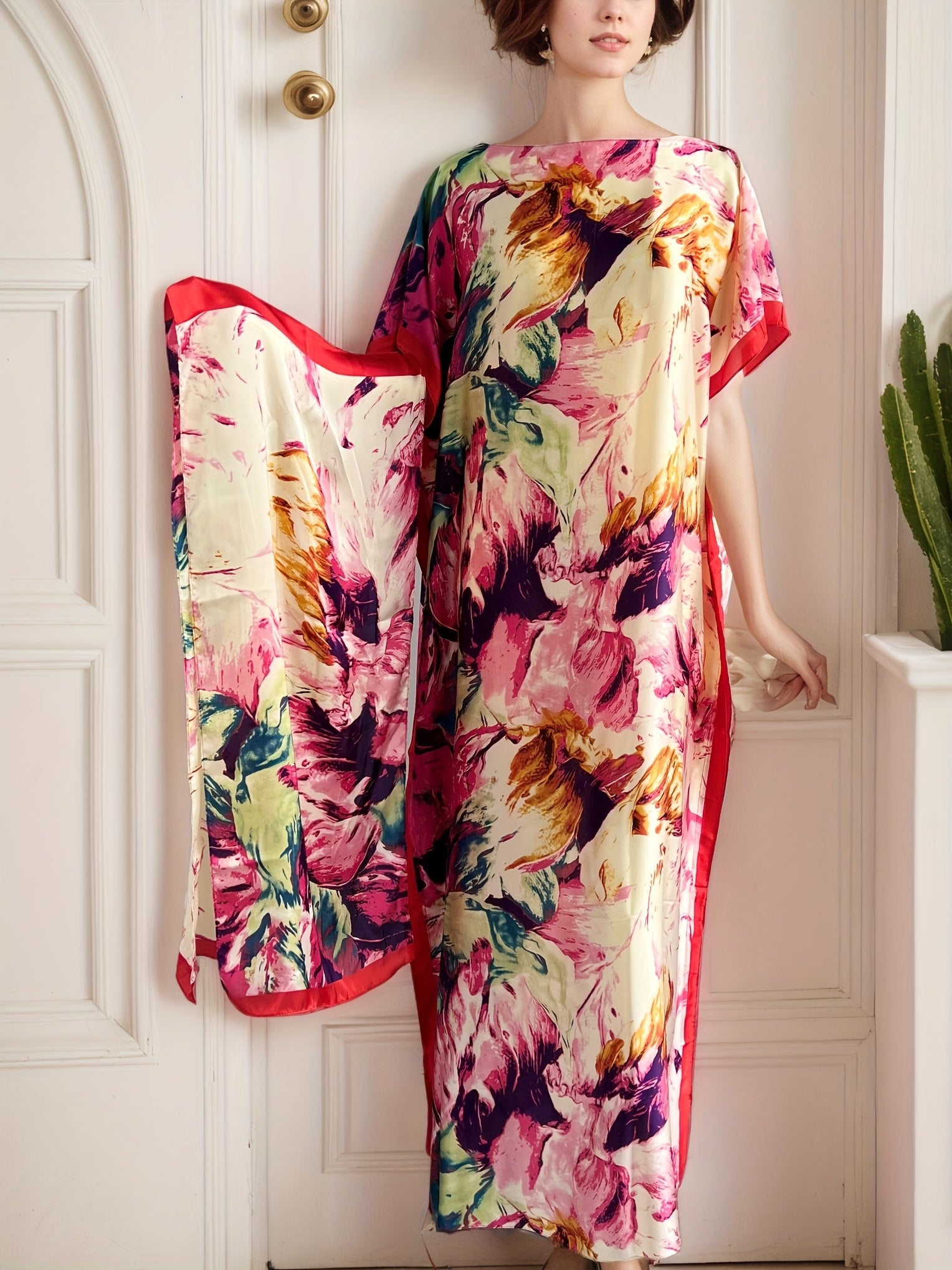 Plus Size Floral Print Maxi Dress with Scarf for Women Pink White Batwing