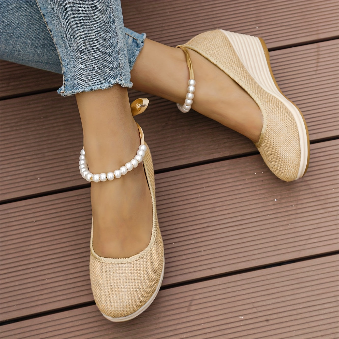 Women's Black Linen Wedge Heel Pumps Round-Toe Shoes with Ankle Bracelets