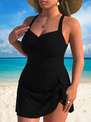 Plus-Size Women's Solid Color One-Piece Swimsuit Set with High Stretch Fabric