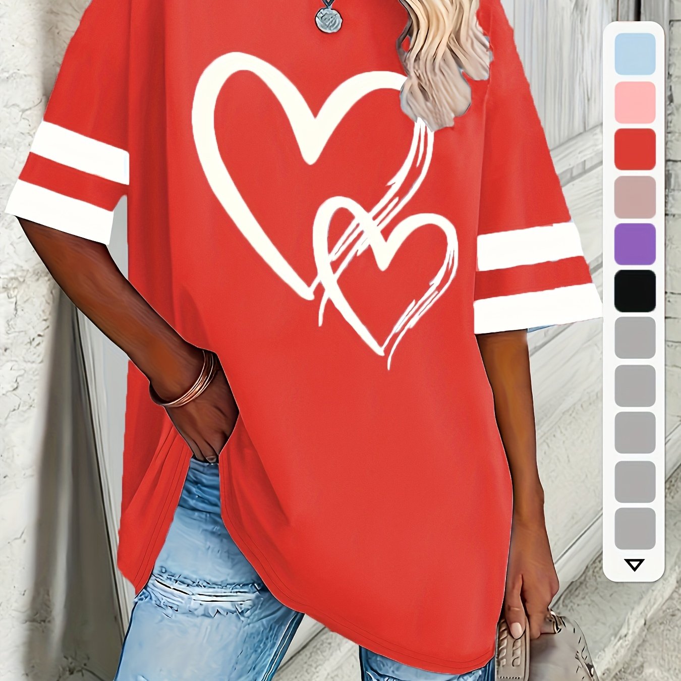 Plus Size Women's Short Sleeve T-Shirt with Heart Design Casual Pullover