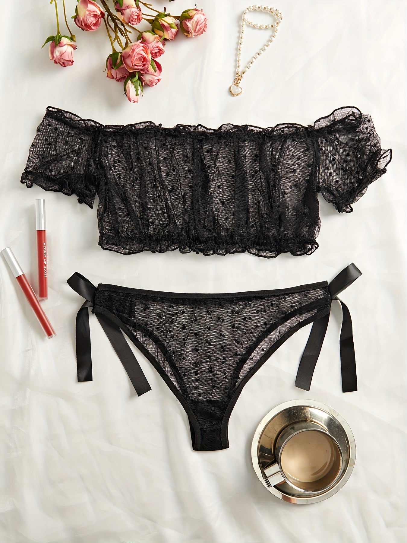 Sexy Mesh Lace One-Shoulder Lingerie Set for Women