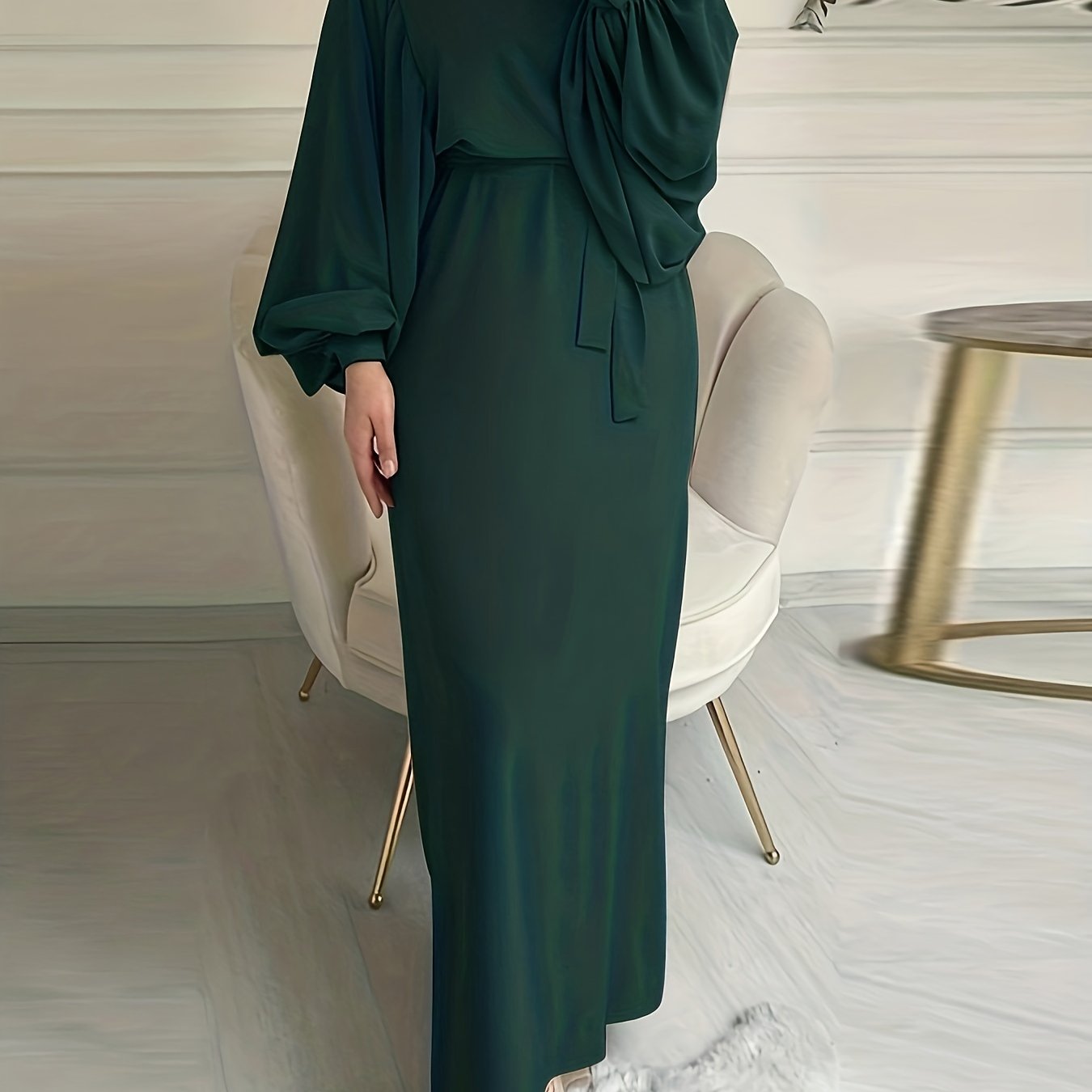 Maxi Abaya Dress with Solid Color Tie Waist Lantern Sleeves for Women