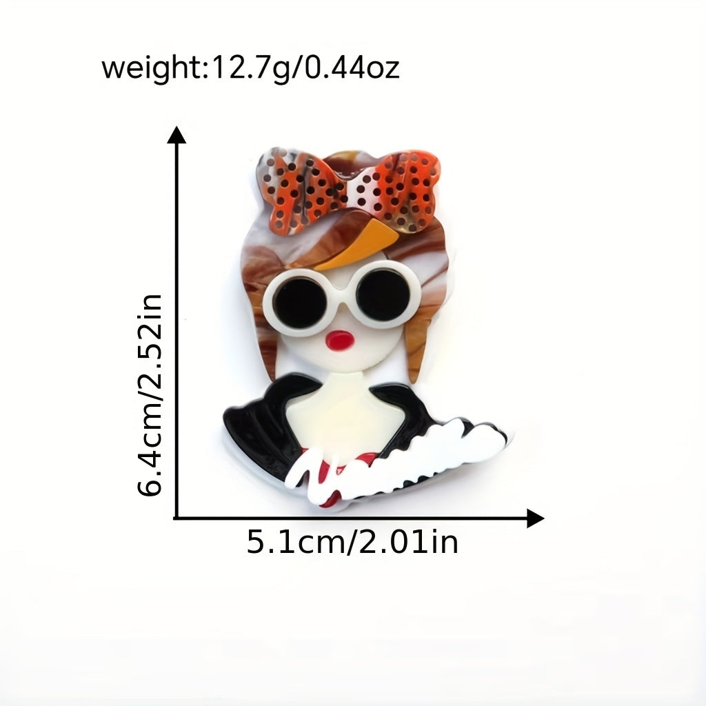 Stylish Acrylic Brooch with Red Glasses and Flower Design