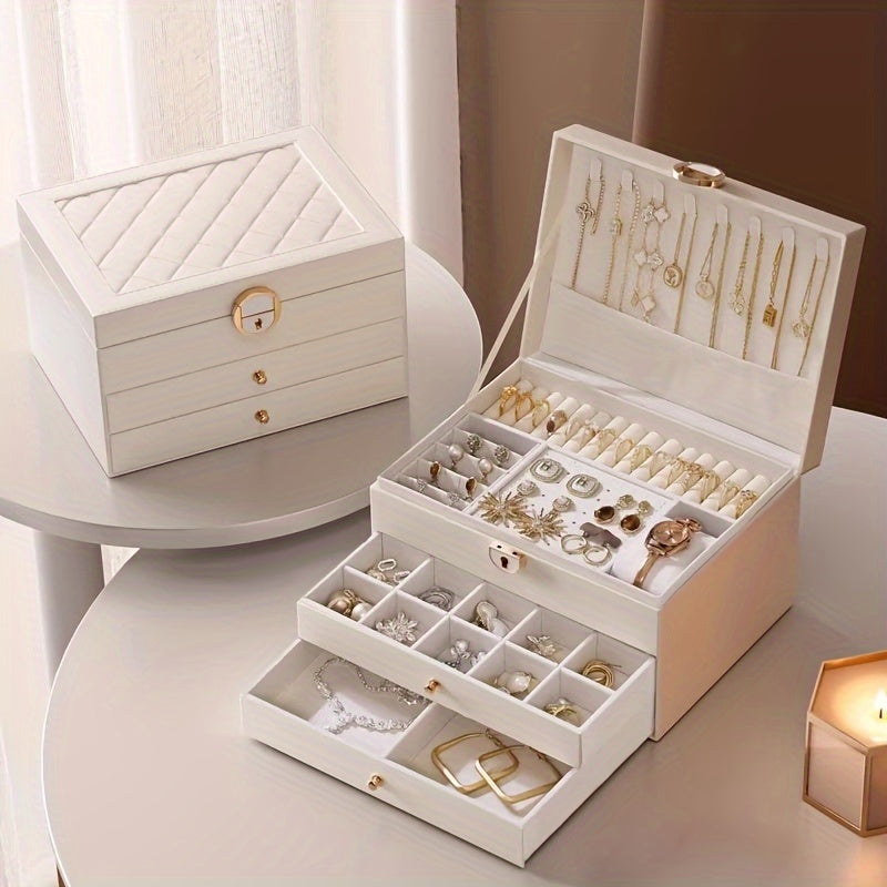 Large Capacity Leather Jewelry Organizer Box with Multiple Compartments and Gold Finish
