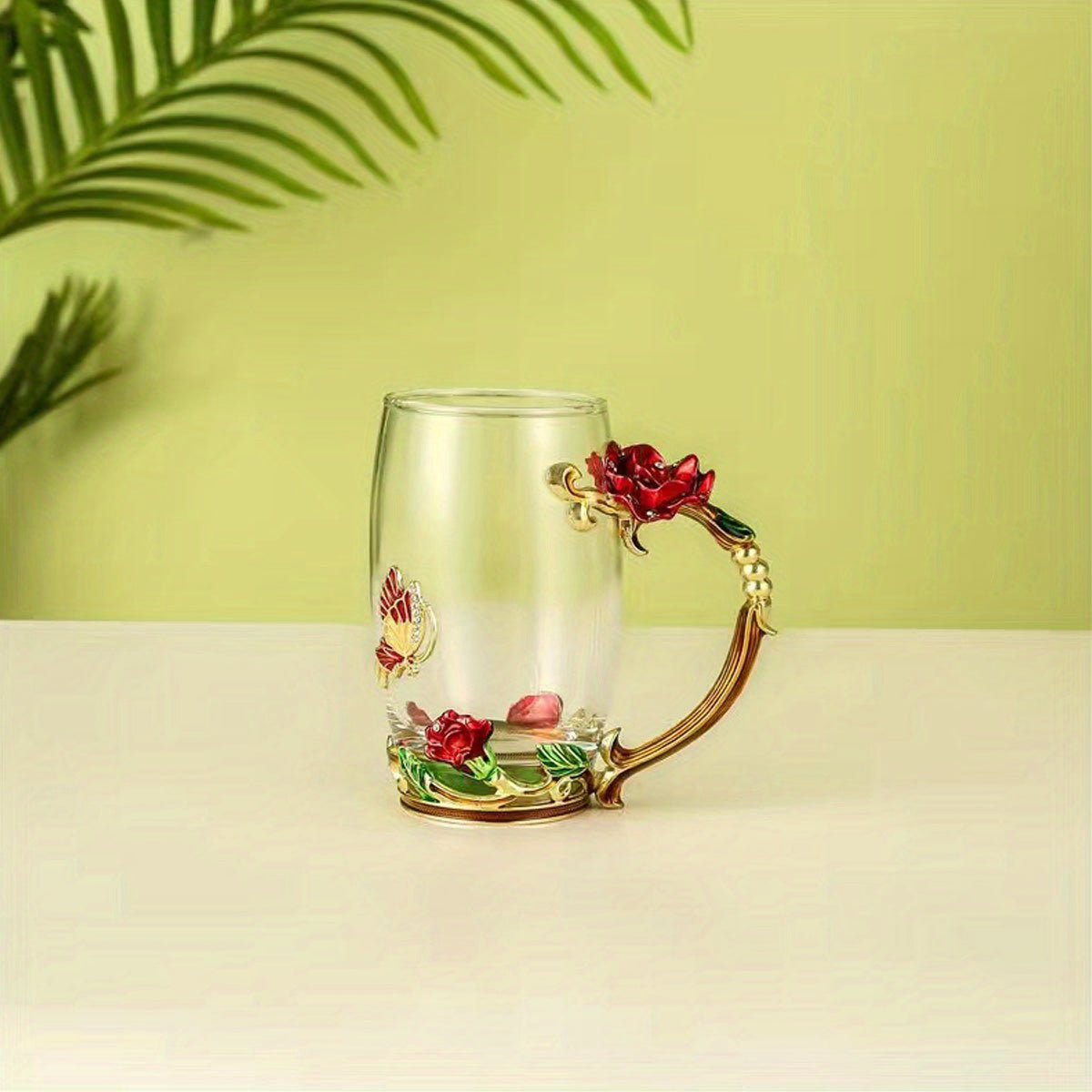 Enamel Crystal Tea Cup with Butterfly and Rose Design Heat Resistant for Coffee Water