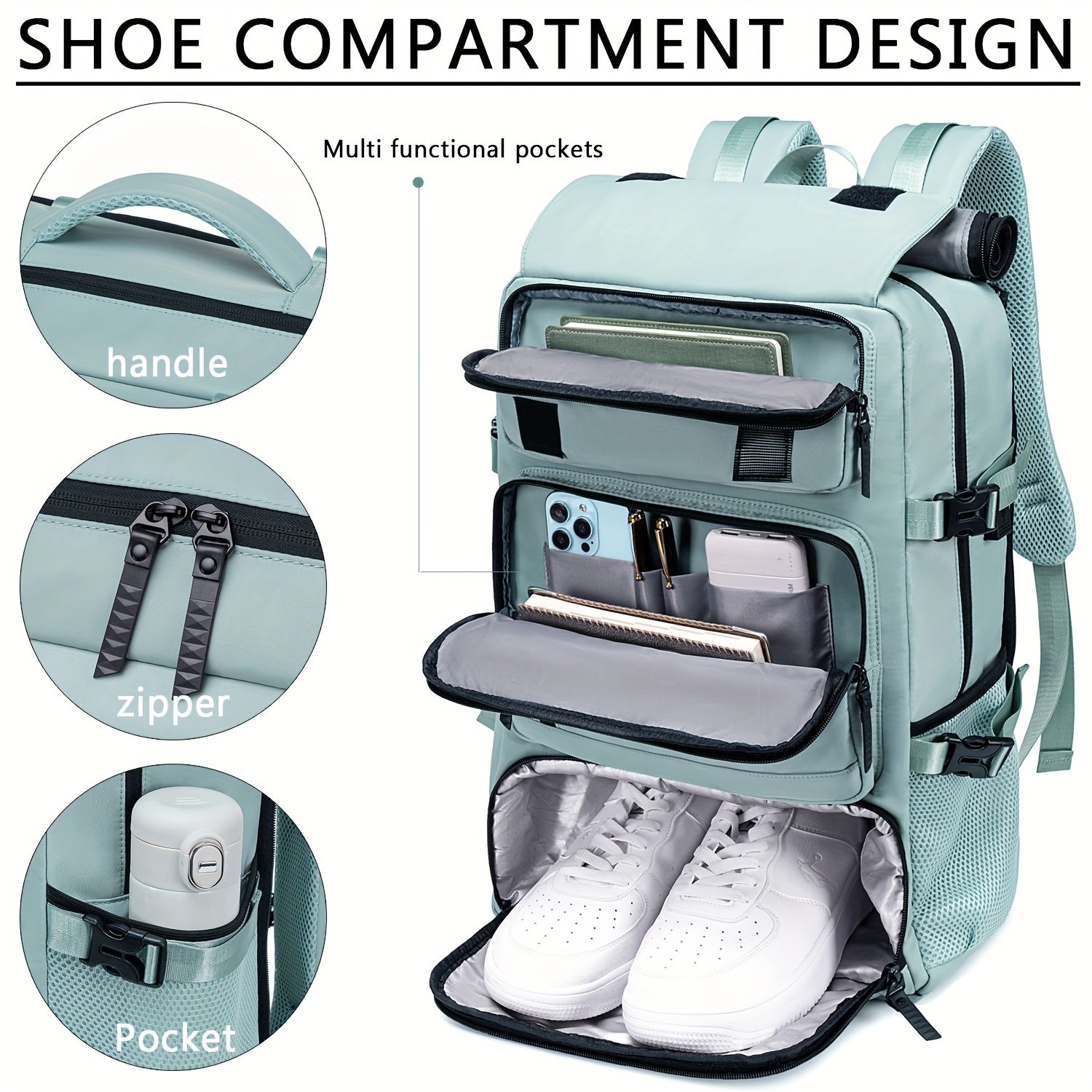 Waterproof Backpack with USB Port Trolley Sleeve Shoe Grid for Outdoor Hiking and Travel