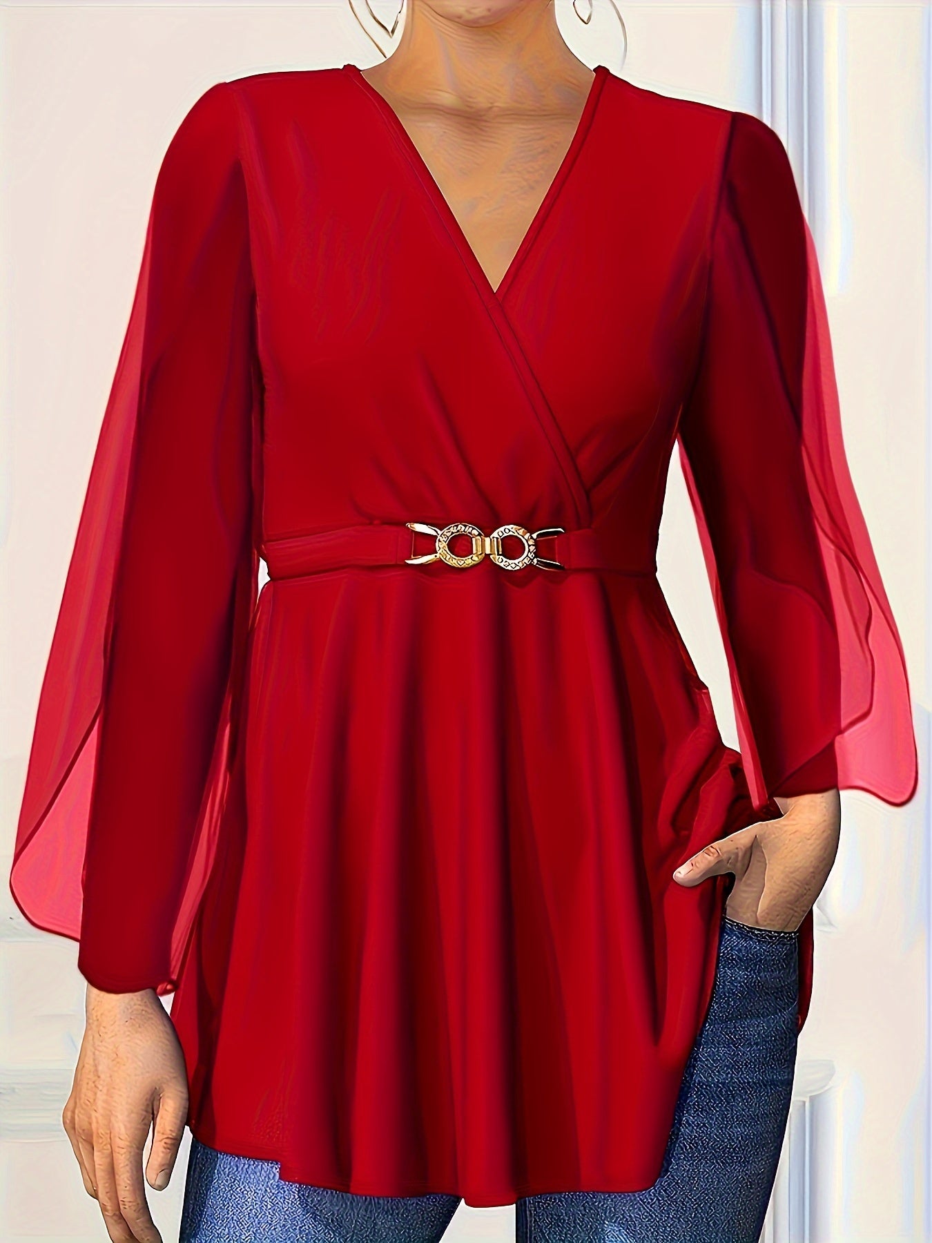 Women's Chiffon V-Neck Blouse with Cinched Waist Long Sleeve Solid Color