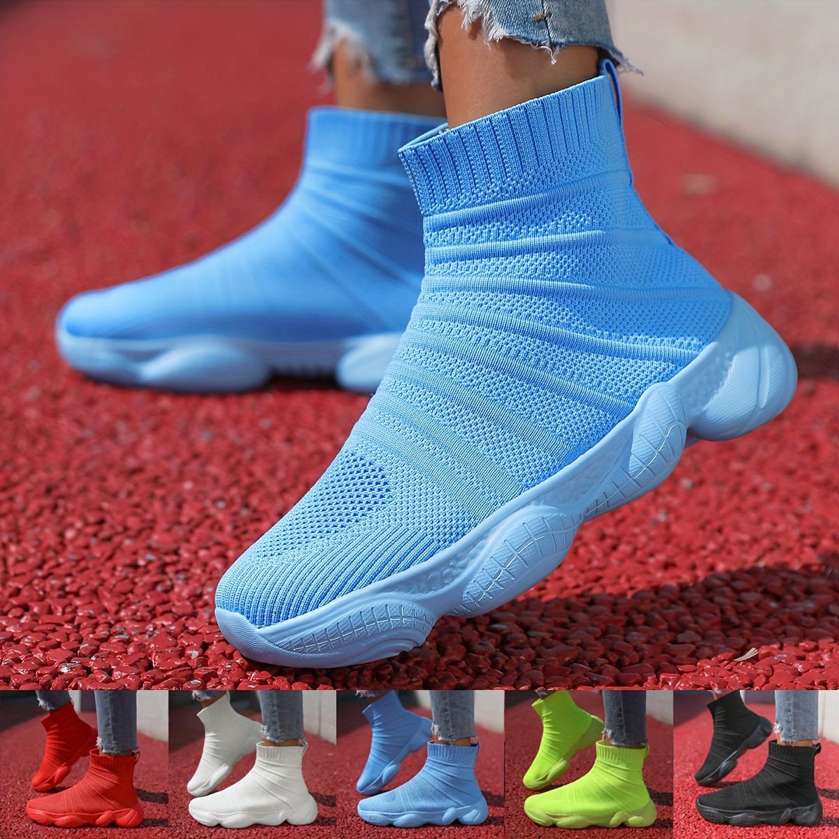 Women's Slip-On Platform Mid-Calf Boots Breathable Fabric All-Season Light Blue
