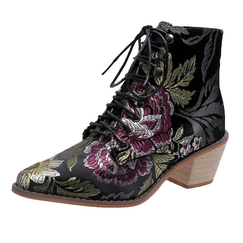 Women's Embroidered Floral Studded Pointed Toe Lace-Up Ankle Boots
