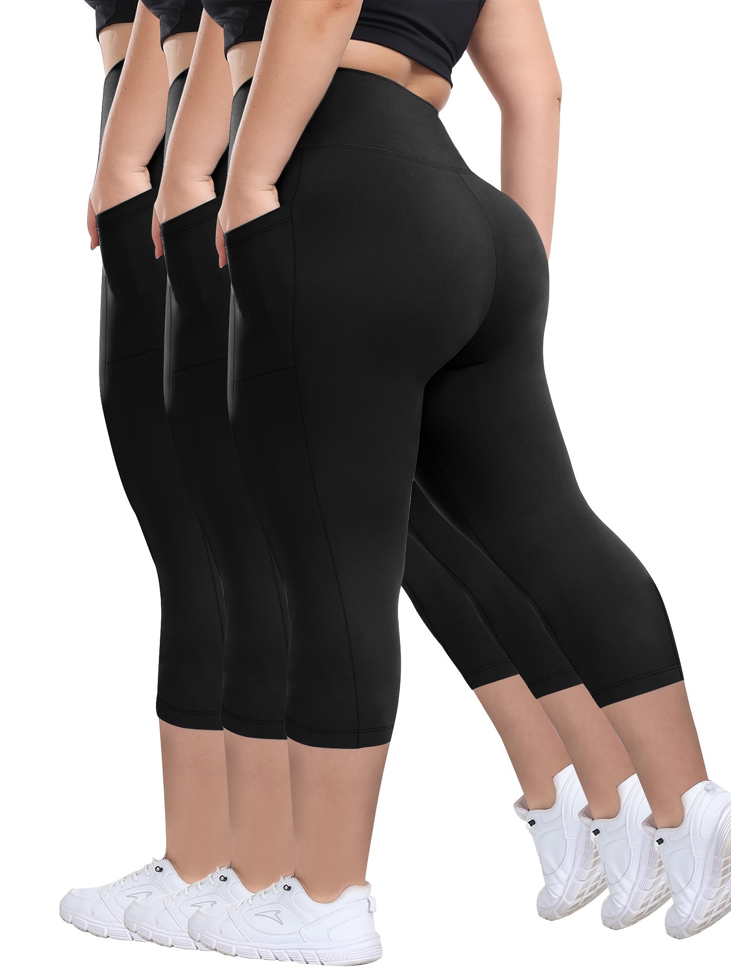 Women's Plus Size High-Waisted Yoga Pants with Pockets Solid Color 3-Pack