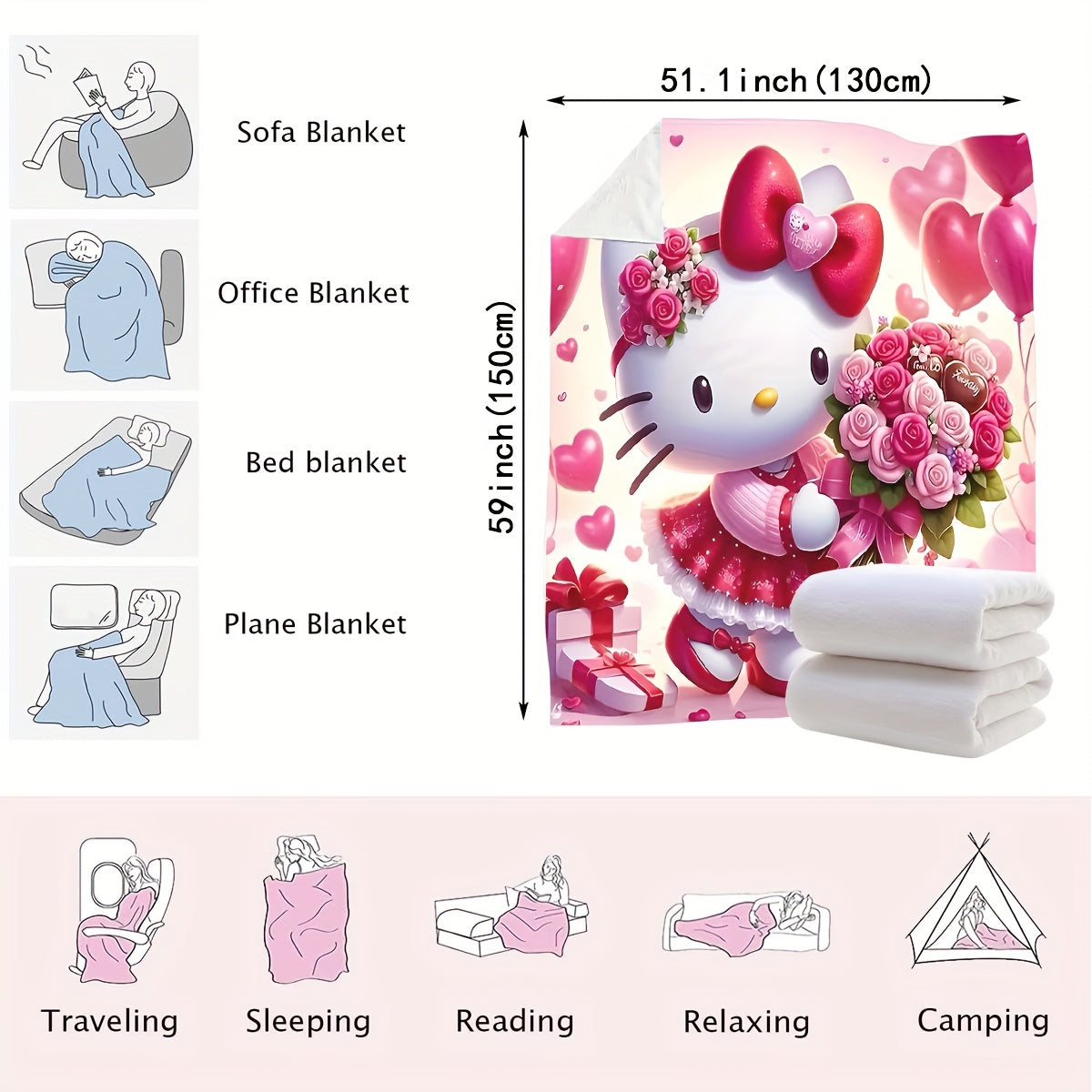 Kids Flannel Throw Blanket with Hello Kitty Digital Print Soft Plush Polyester All-Season Cozy Bed Sofa Use