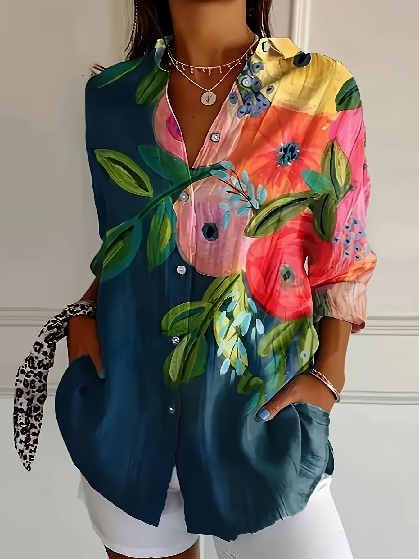 Plus Size Floral Print Casual Shirt for Women Polyester Short Sleeve Blouse