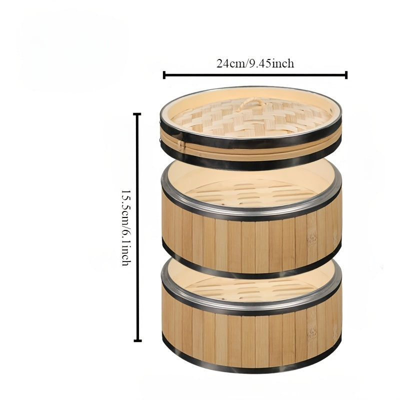 Cesta de bambú con tapa de acero inoxidable para dumplings, mariscos, verduras, uso en el hogar y al aire libre