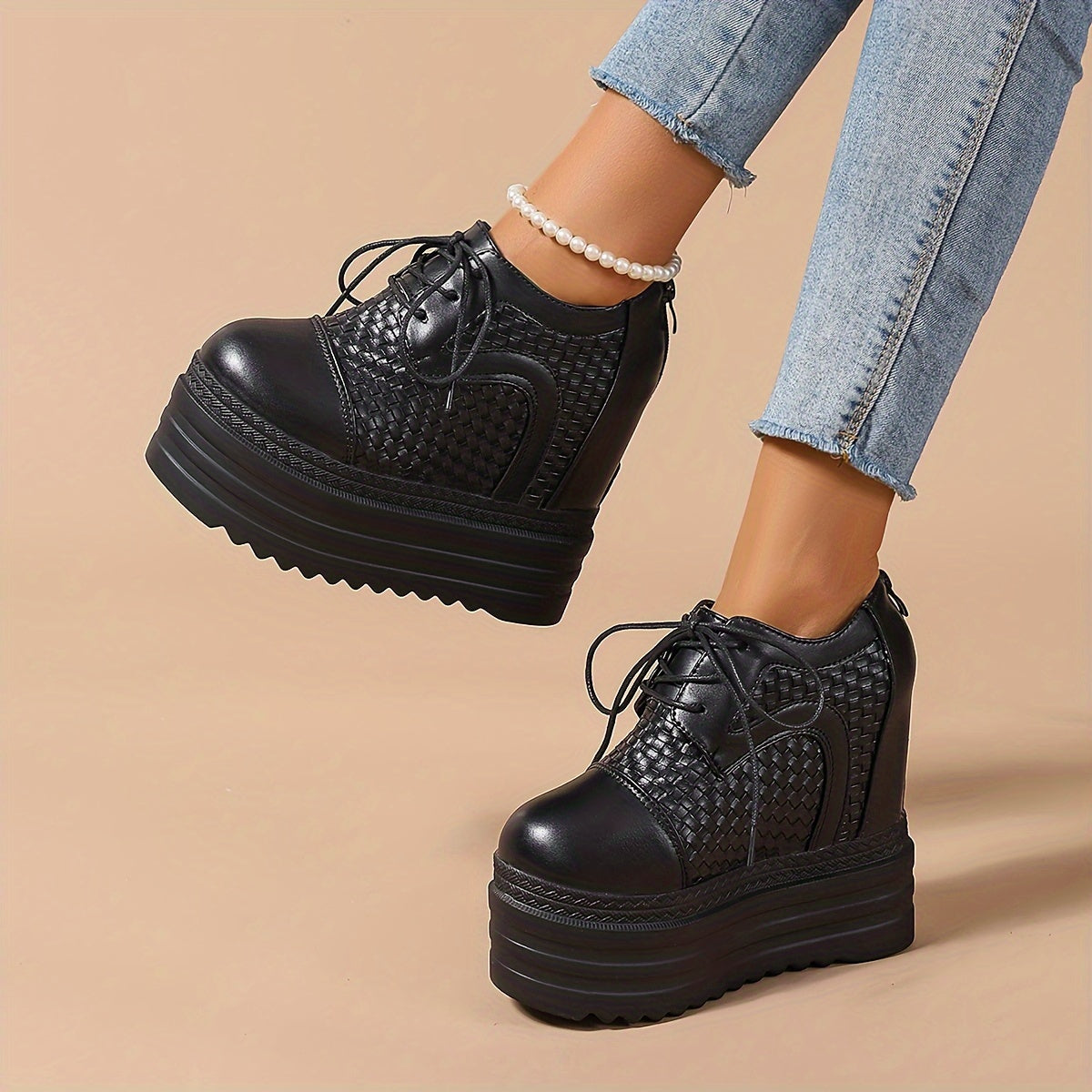 Zapatillas de PU transpirables para mujer con plataforma de tacón de 12cm, zapatos casuales