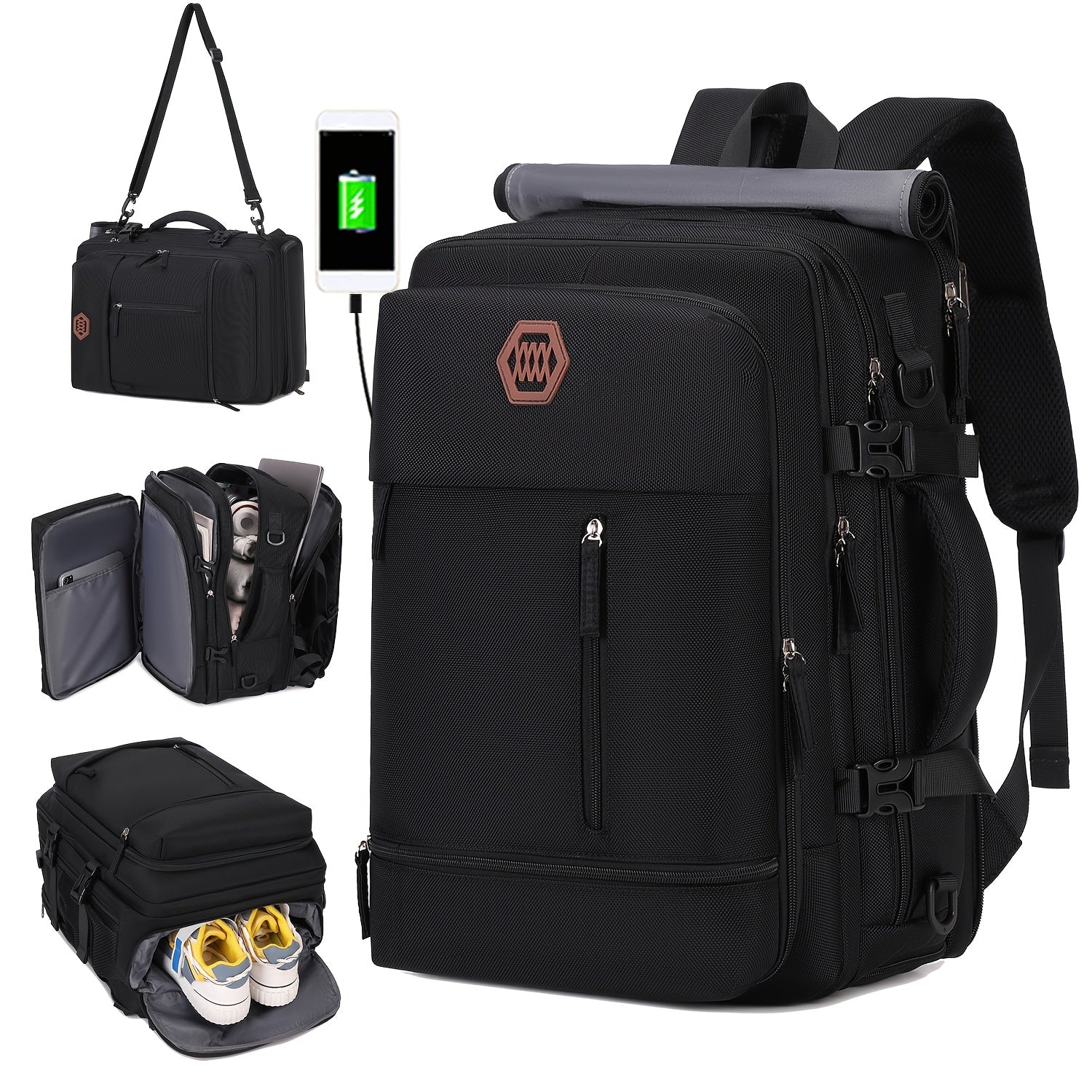 Large Polyester Backpack with Shoe Compartment USB Port and 17-Inch Laptop Storage